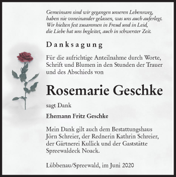 Traueranzeige von Rosemarie Geschke von lausitzer_rundschau