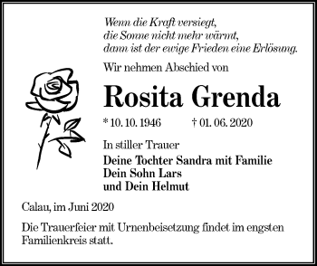 Traueranzeige von Rosita Grenda von lausitzer_rundschau