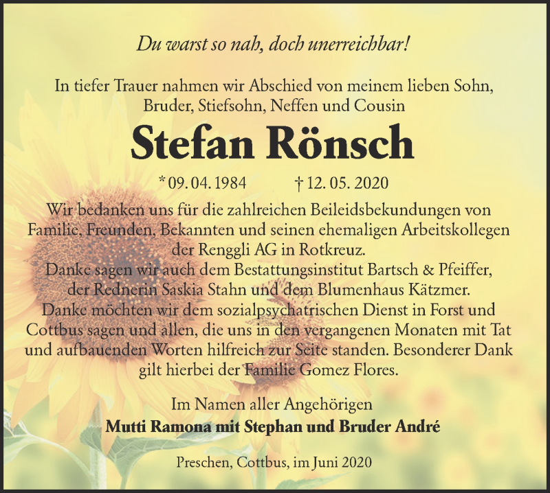  Traueranzeige für Stefan Rönsch vom 13.06.2020 aus lausitzer_rundschau