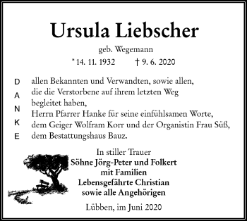 Traueranzeige von Ursula Liebscher von lausitzer_rundschau