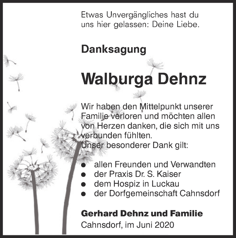  Traueranzeige für Walburga Dehnz vom 13.06.2020 aus lausitzer_rundschau