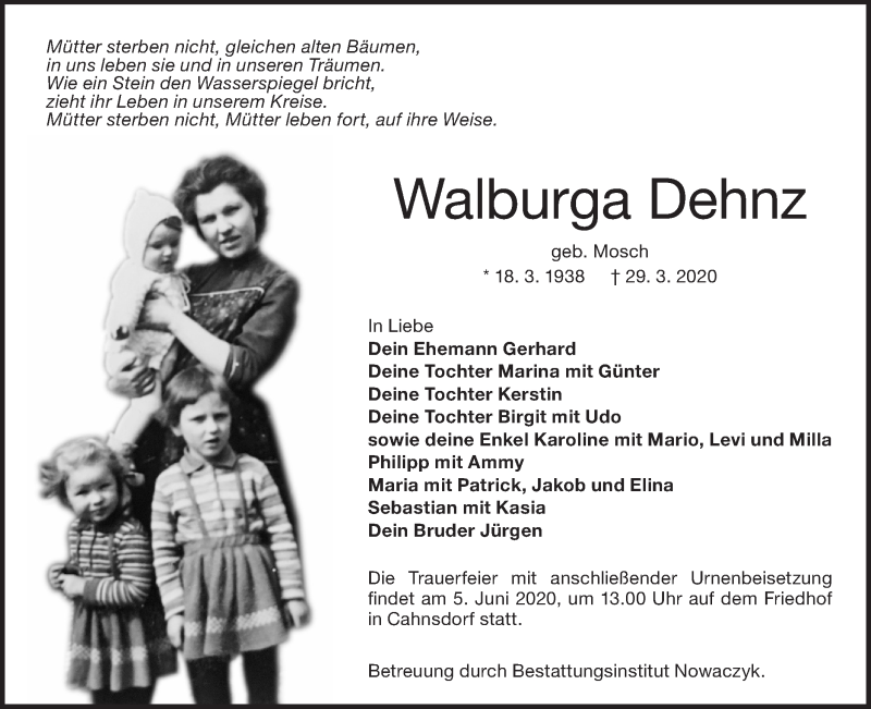  Traueranzeige für Walburga Dehnz vom 30.05.2020 aus lausitzer_rundschau