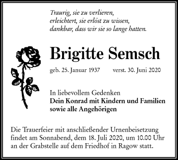Traueranzeige von Brigitte Semsch von lausitzer_rundschau