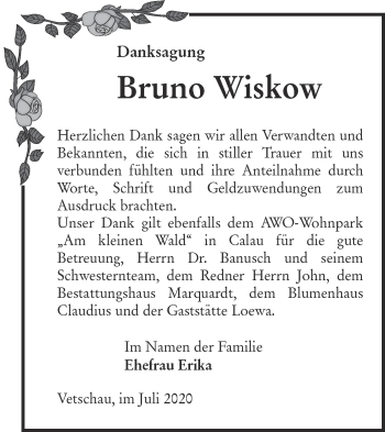 Traueranzeige von Bruno Wiskow von lausitzer_rundschau