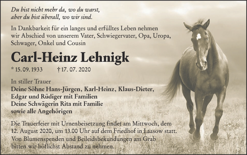  Traueranzeige für Car-Heinz Lehnigk vom 24.07.2020 aus lausitzer_rundschau