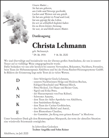Traueranzeige von Christa Lehmann von lausitzer_rundschau