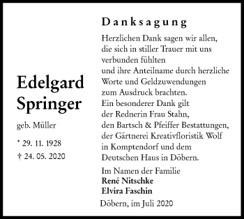 Traueranzeige von Edelgard Springer von lausitzer_rundschau