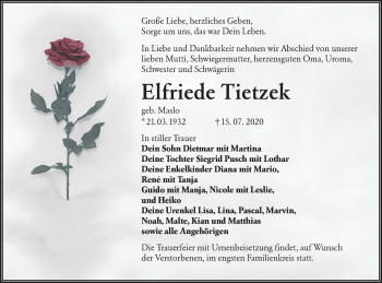 Traueranzeige von Elfriede Tietzek von lausitzer_rundschau