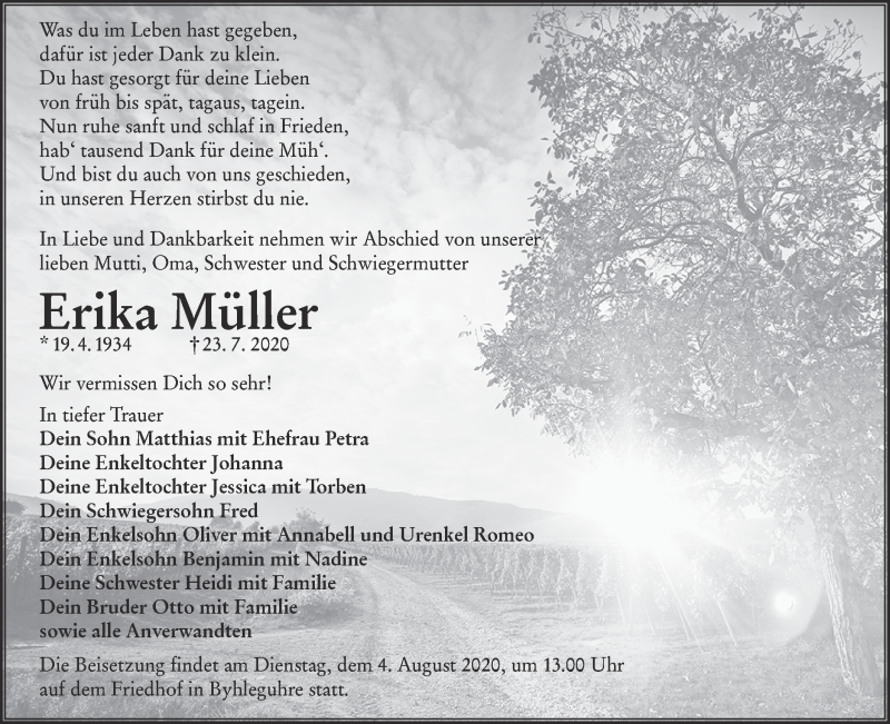  Traueranzeige für Erika Müller vom 28.07.2020 aus lausitzer_rundschau