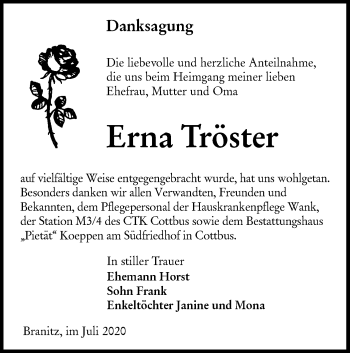 Traueranzeige von Erna Tröster von lausitzer_rundschau