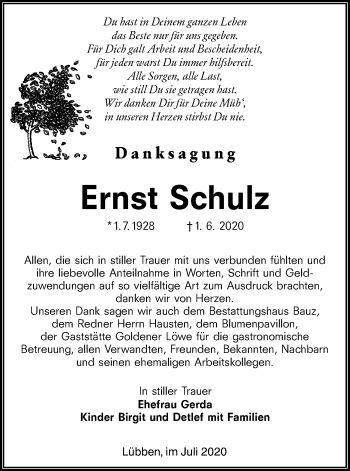 Traueranzeige von Ernst Schulz von lausitzer_rundschau