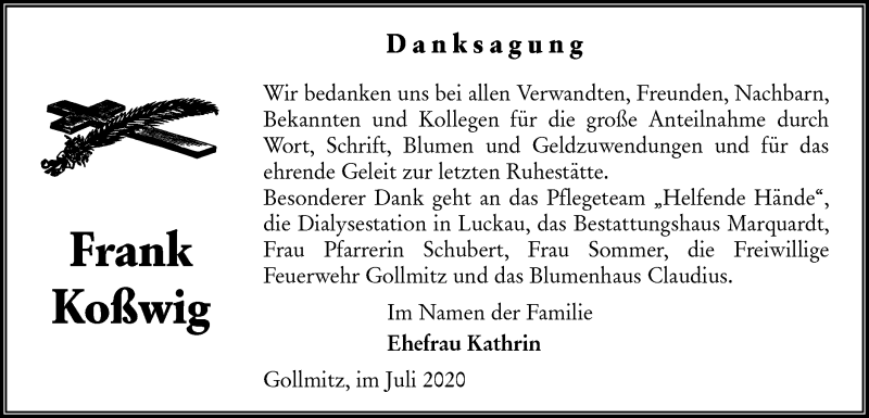  Traueranzeige für Frank  Koßwig vom 25.07.2020 aus lausitzer_rundschau