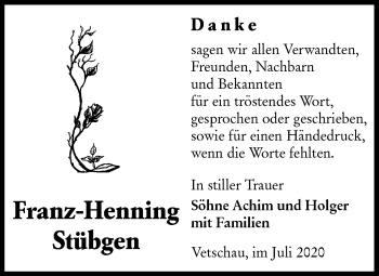 Traueranzeige von Franz-Henning Stübgen von lausitzer_rundschau