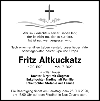 Traueranzeige von Fritz Altkuckatz von lausitzer_rundschau