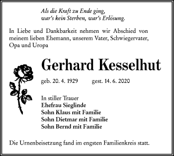Traueranzeige von Gerhard Kesselhut von lausitzer_rundschau