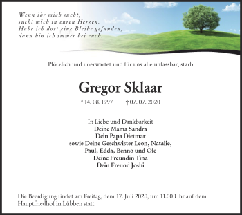 Traueranzeige von Gregor Sklaar von lausitzer_rundschau