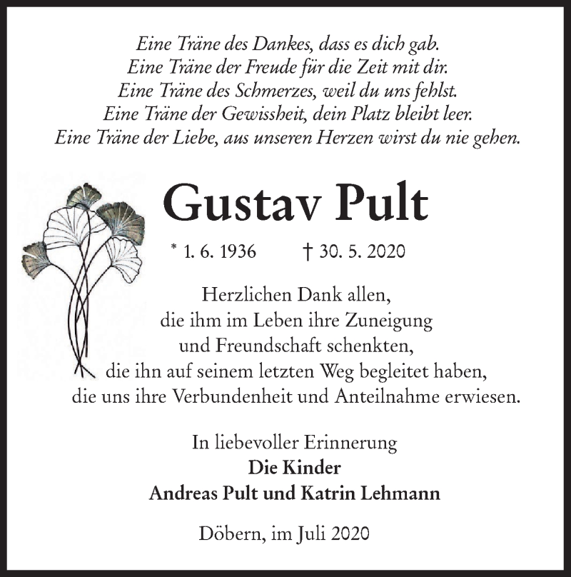  Traueranzeige für Gustav Pult vom 18.07.2020 aus lausitzer_rundschau