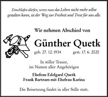 Traueranzeige von Günther Quetk von lausitzer_rundschau