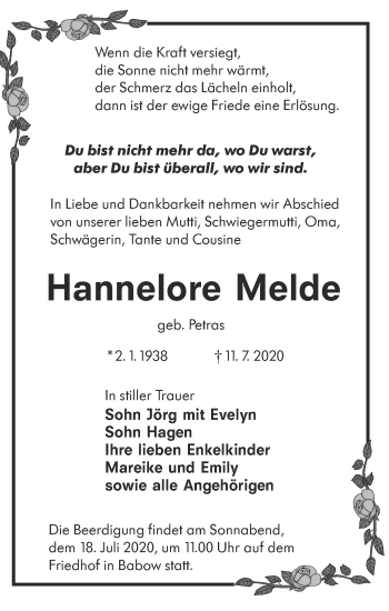 Traueranzeige von Hannelore Melde von lausitzer_rundschau
