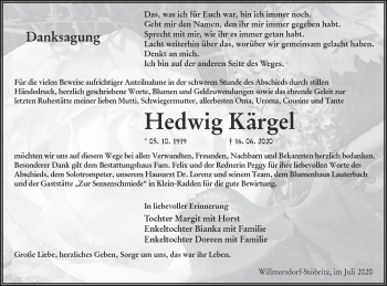 Traueranzeige von Hedwig Kärgel von lausitzer_rundschau