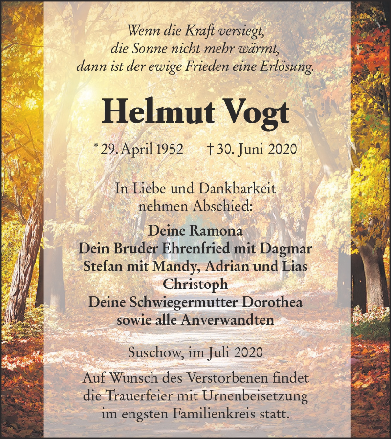  Traueranzeige für Helmut Vogt vom 11.07.2020 aus lausitzer_rundschau