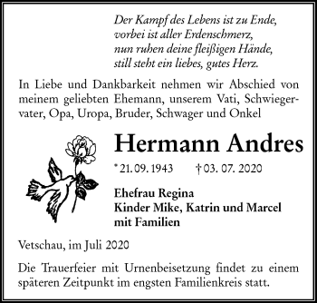 Traueranzeige von Hermann Andres von lausitzer_rundschau