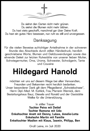 Traueranzeige von Hildegard Hanold von lausitzer_rundschau