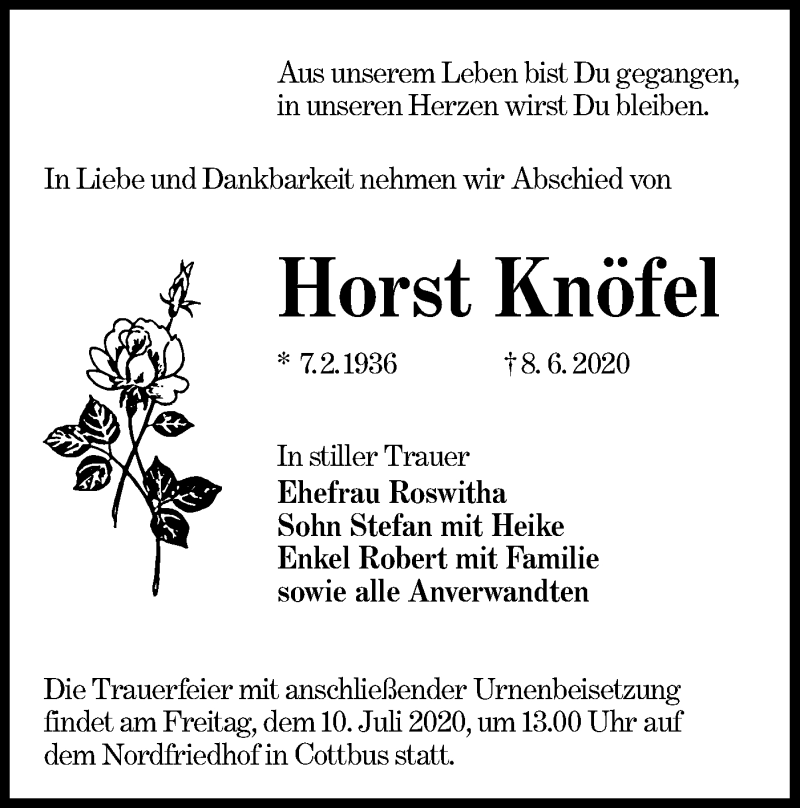  Traueranzeige für Horst Knöfel vom 04.07.2020 aus lausitzer_rundschau