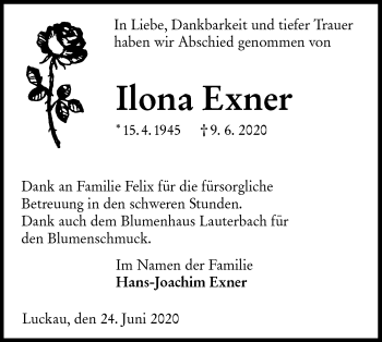 Traueranzeige von Ilona Exner von lausitzer_rundschau