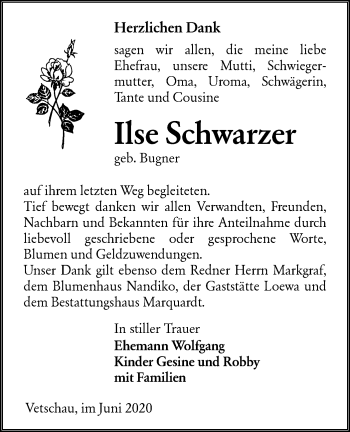 Traueranzeige von Ilse Schwarzer von lausitzer_rundschau