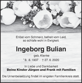 Traueranzeige von Ingeborg Bulian von lausitzer_rundschau