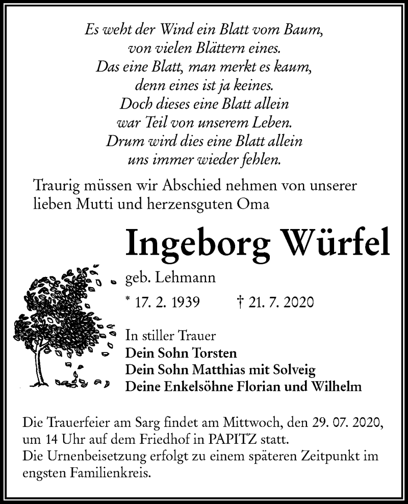 Traueranzeige für Ingeborg Würfel vom 25.07.2020 aus lausitzer_rundschau