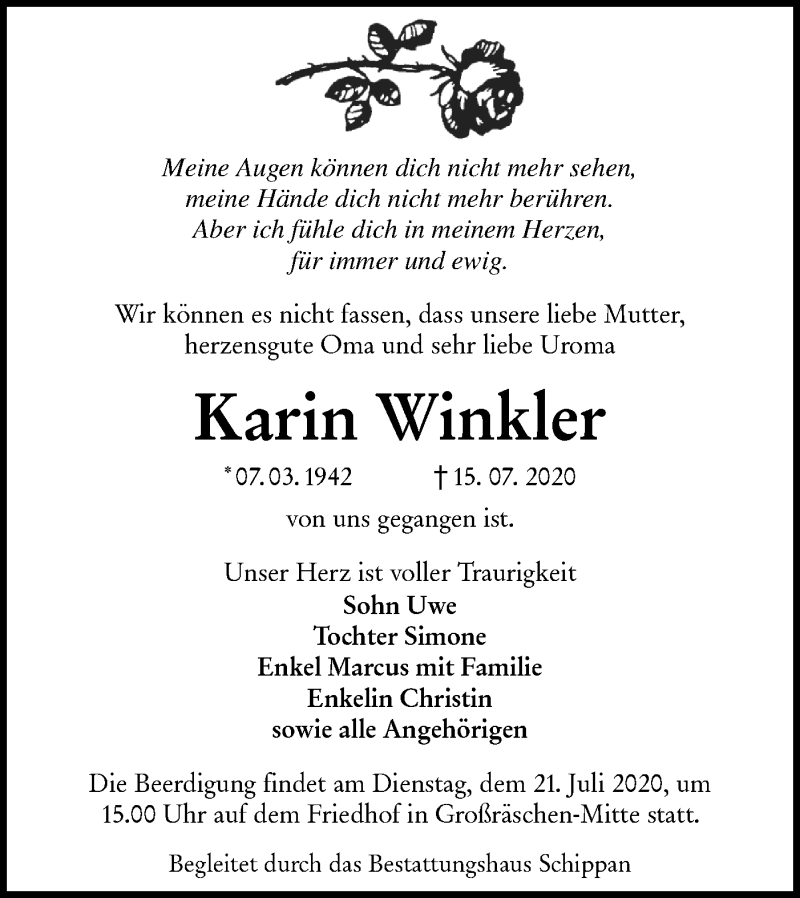  Traueranzeige für Karin Winkler vom 18.07.2020 aus lausitzer_rundschau
