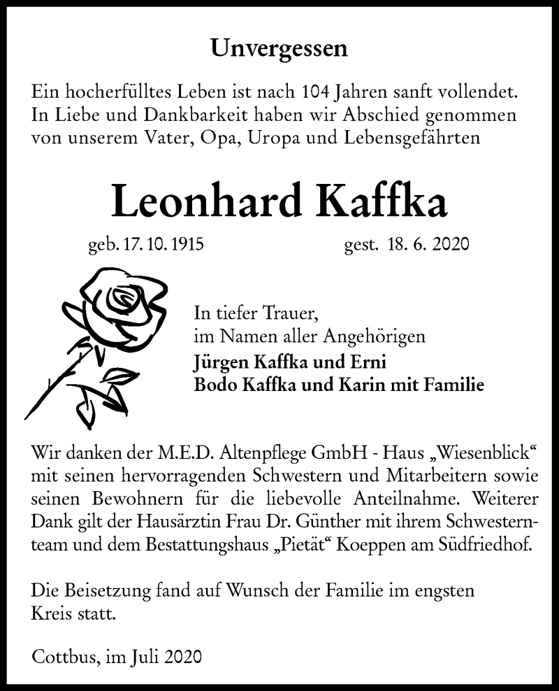  Traueranzeige für Leonhard Kaffka vom 11.07.2020 aus lausitzer_rundschau