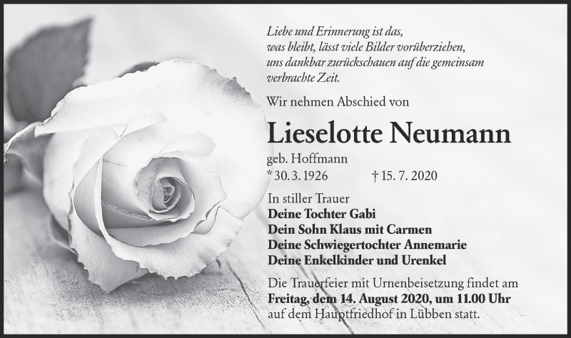  Traueranzeige für Lieselotte Neumann vom 25.07.2020 aus lausitzer_rundschau