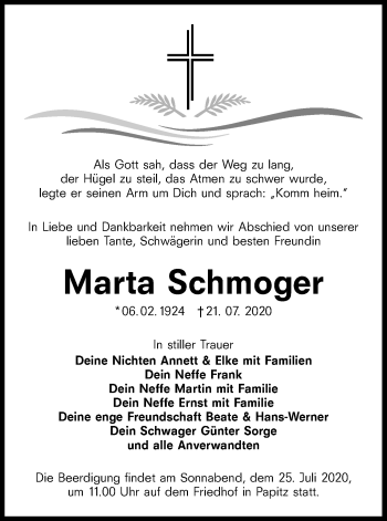 Traueranzeige von Marta Schmoger von lausitzer_rundschau