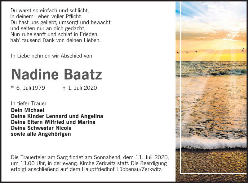  Traueranzeige für Nadine Baatz vom 04.07.2020 aus lausitzer_rundschau