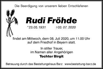 Traueranzeige von Rudi Fröhde von lausitzer_rundschau