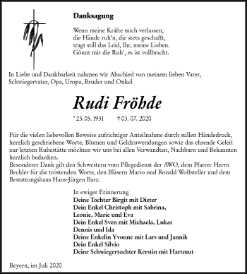 Traueranzeige von Rudi Fröhde von lausitzer_rundschau