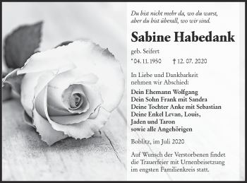 Traueranzeige von Sabine Habedank von lausitzer_rundschau
