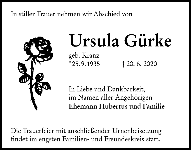  Traueranzeige für Ursula Gürke vom 04.07.2020 aus lausitzer_rundschau