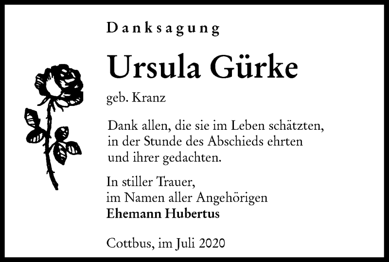  Traueranzeige für Ursula Gürke vom 25.07.2020 aus lausitzer_rundschau