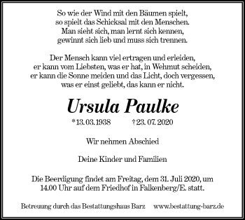 Traueranzeige von Ursula Paulke von lausitzer_rundschau