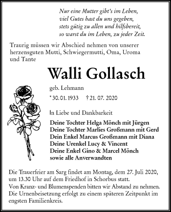 Traueranzeige von Walli Gollasch von lausitzer_rundschau