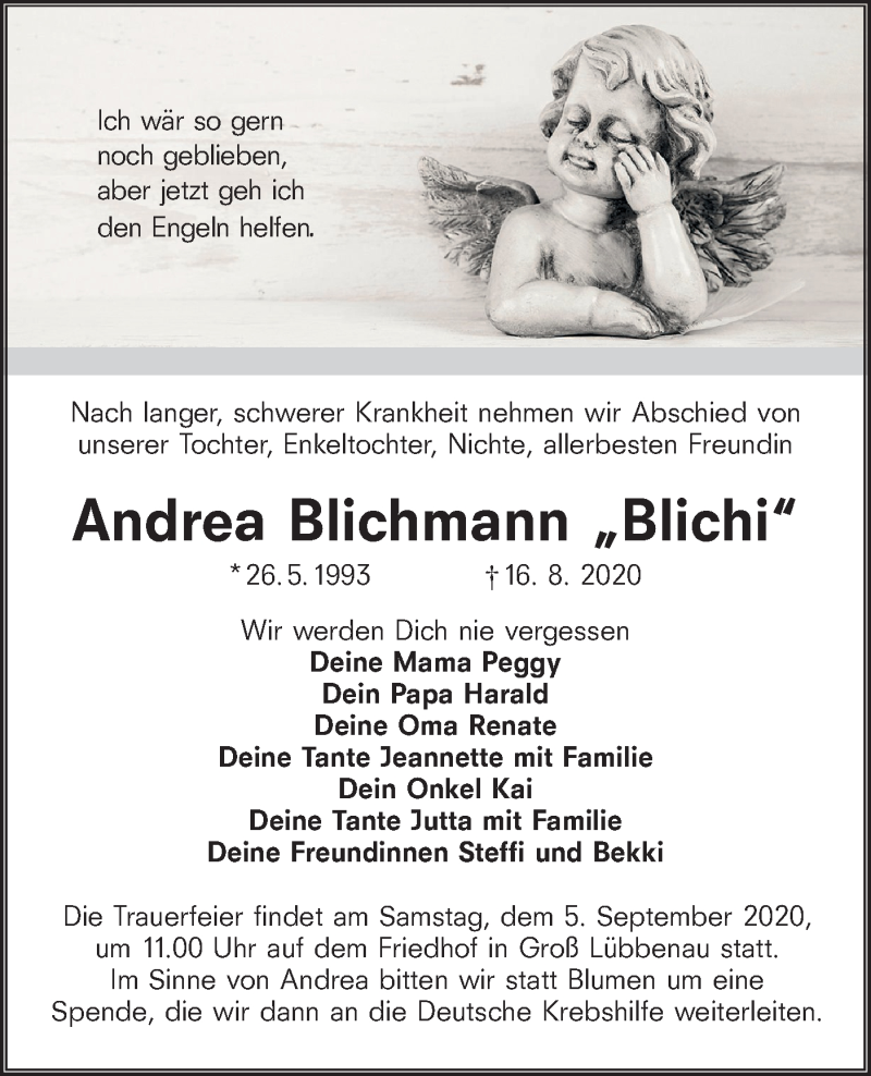  Traueranzeige für Andrea Blichmann vom 22.08.2020 aus lausitzer_rundschau