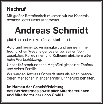 Traueranzeige von Andreas Schmidt von lausitzer_rundschau