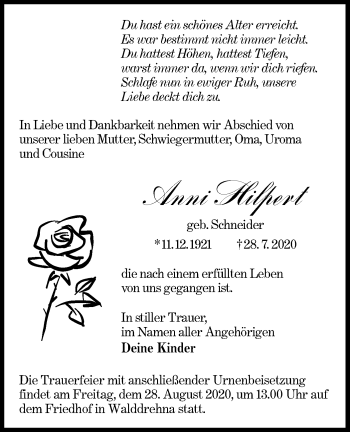 Traueranzeige von Anni Hilpert von lausitzer_rundschau