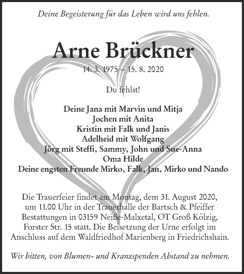  Traueranzeige für Arne Brückner vom 22.08.2020 aus lausitzer_rundschau