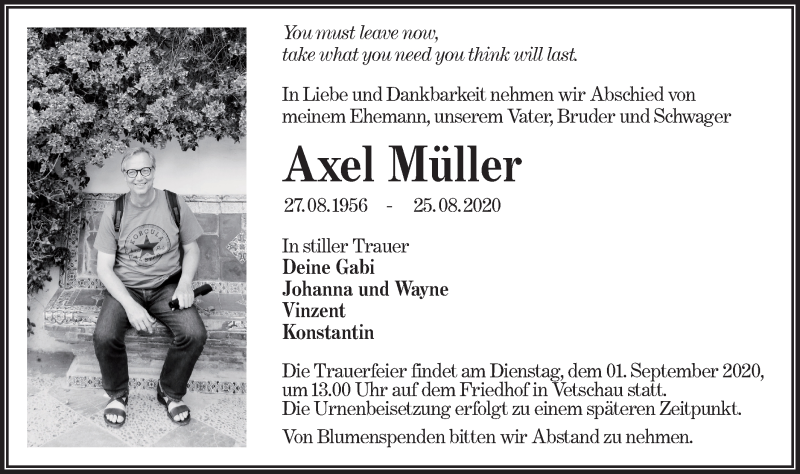  Traueranzeige für Axel Müller vom 29.08.2020 aus lausitzer_rundschau