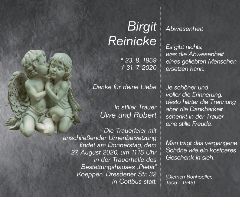 Traueranzeige für Birgit Reinicke vom 22.08.2020 aus lausitzer_rundschau